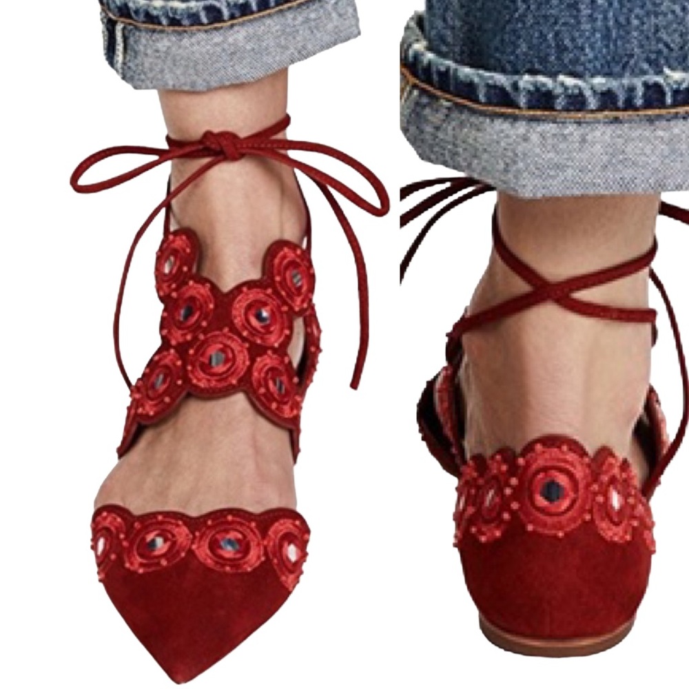 TORY BURCH YASMIN d’ORSAY RED SUEDELACE UP FLAT SIZE 7